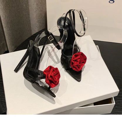 Fashion Denim Buckle Strap High Heels Women's Sexy Pointed Open Toe Crystal Flower Slim Heel Sandals Party Dress