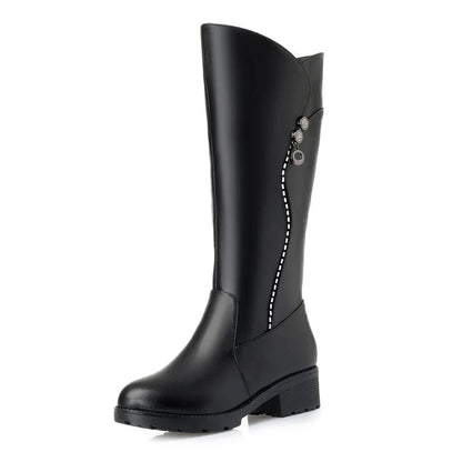 Genuine Leather winter insulated Plus wool fur mid heel zipper women boots.