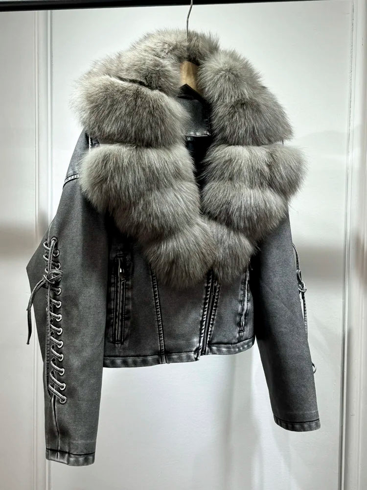 Luxury fox fur 2024 Autumn Winter Lady COMFY & COZY leather zipper coat.