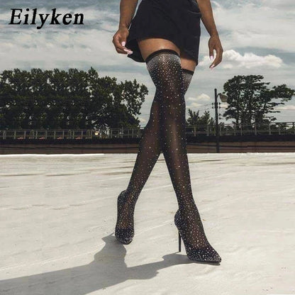 Eilyken Design Crystal Rhinestone Stretch Fabric Sexy High Heels Sock Over-the-Knee Boots Pointed Toe Pole Dancing Women Shoes