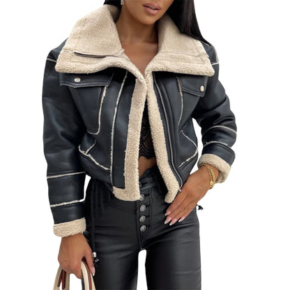 Warm Plush Jacket Fashion Winter Long Sleeve Zipper Short Coats Streetwear with Pockets Outwear