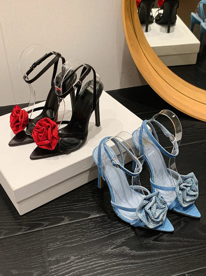 Fashion Denim Buckle Strap High Heels Women's Sexy Pointed Open Toe Crystal Flower Slim Heel Sandals Party Dress