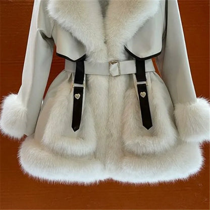 Temperament Big Fur collar Lace-Up Fur Coat Female Autumn Winter New Mid-Length Warm Faux Fox Jacket Female Loose Overcoat W567