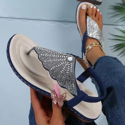 Summer 2024 Sandals Woman Fashion Comfortable Clip Toe Slippers Beach Bohemian Slides Women Flats Sandals Crystal Roman Shoes