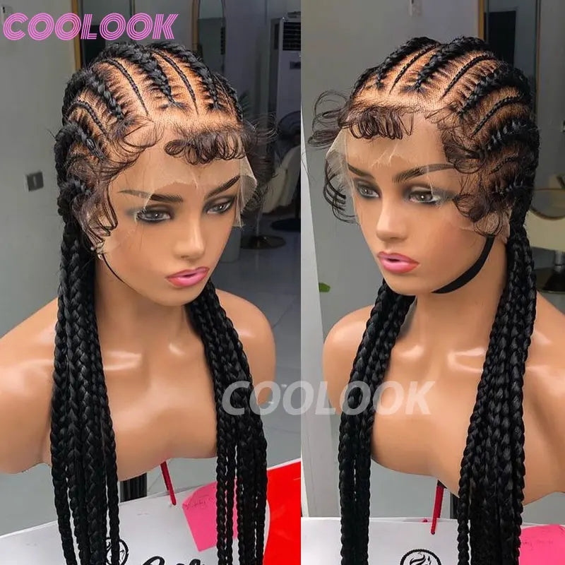 36" Synthetic Lace Front Wigs Jumbo Braided Wigs Full Lace Front Dutch Twins Cornrows Braids Wig For Black Women Crochet Hair