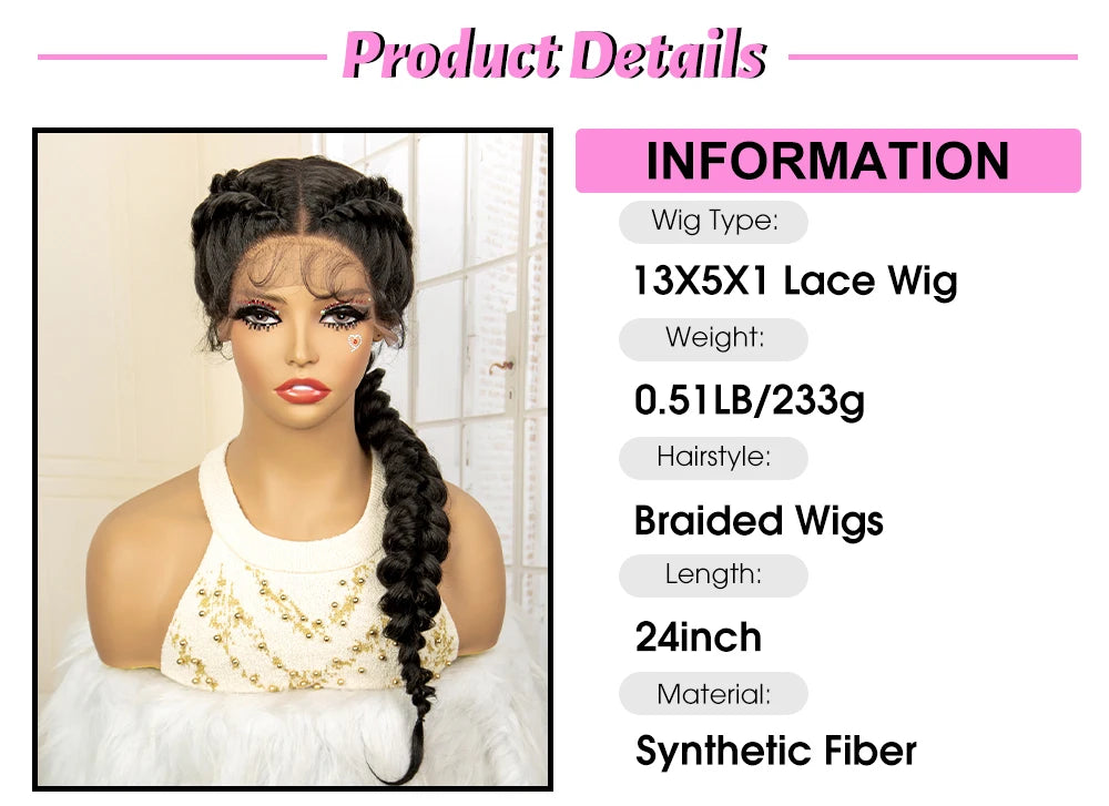 Synthetic  Fishtail Braided Wigs Lace Front Wig 24 Inches Cornrow Braiding Wigs with Baby Hair for Black Women Braids Wig