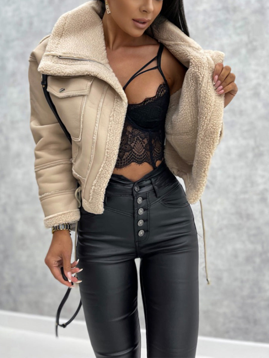 Warm Plush Jacket Fashion Winter Long Sleeve Zipper Short Coats Streetwear with Pockets Outwear