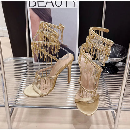 Runway style Bling Bling Crystal Tassels Snake Coiled Women Sandals Sexy Stiletto High heels Summer Fashion Party Prom Shoes