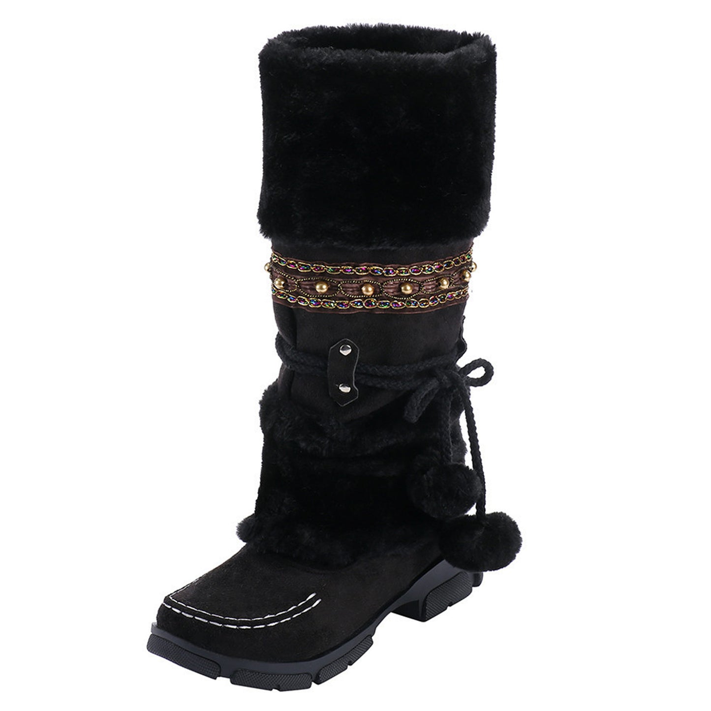 Winter Warm Thickened Fur Knee High Boots Fashion Warm Women Shoes Round Toe Low Heels Patchwork Vintage Botas Ladies Footwear