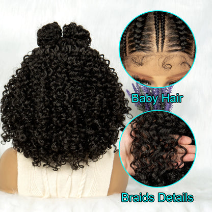 Kima Frontal Cornrow Twisted 16 inches Curly Bob 13*4 Synthetic Lace Front Wig Top Knot Braided Ribbon Bun Braided Wigs