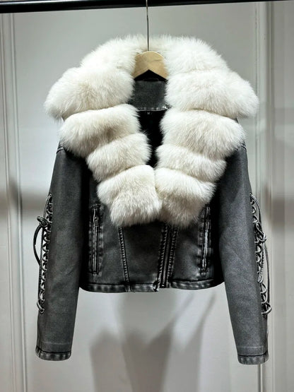 Luxury fox fur 2024 Autumn Winter Lady COMFY & COZY leather zipper coat.