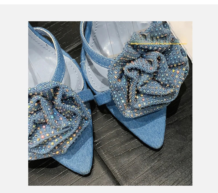 Fashion Denim Buckle Strap High Heels Women's Sexy Pointed Open Toe Crystal Flower Slim Heel Sandals Party Dress