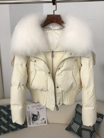 Sexy Natural Real Raccoon Fur Collar warm thick winter women white duck down short luxury coat