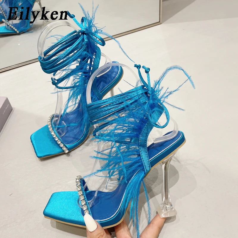 Eilyken CRYSTAL Rhinestone Butterfly-knot Transparent Square Toe Women Sandals 2024 Summer Fashion Cross-tied  High Heels Shoes