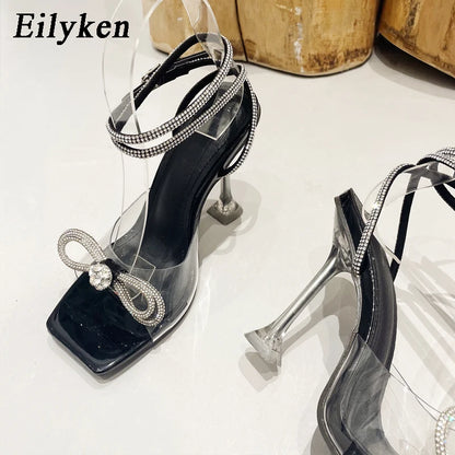 Eilyken CRYSTAL Rhinestone Butterfly-knot Transparent Square Toe Women Sandals 2024 Summer Fashion Cross-tied  High Heels Shoes