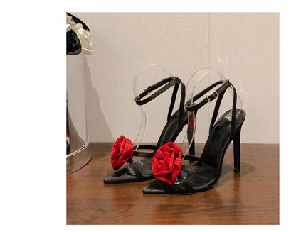 Fashion Denim Buckle Strap High Heels Women's Sexy Pointed Open Toe Crystal Flower Slim Heel Sandals Party Dress