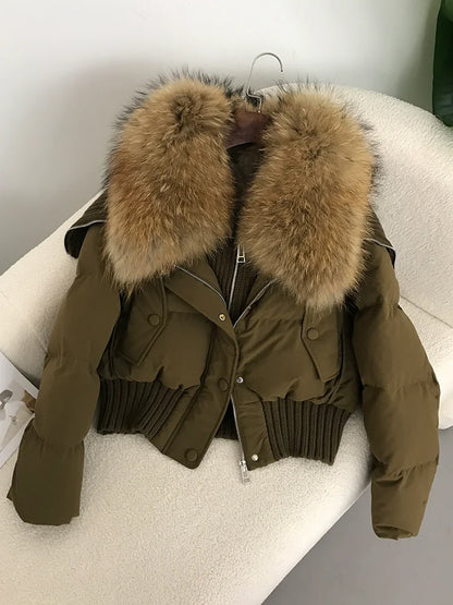 Sexy Natural Real Raccoon Fur Collar warm thick winter women white duck down short luxury coat