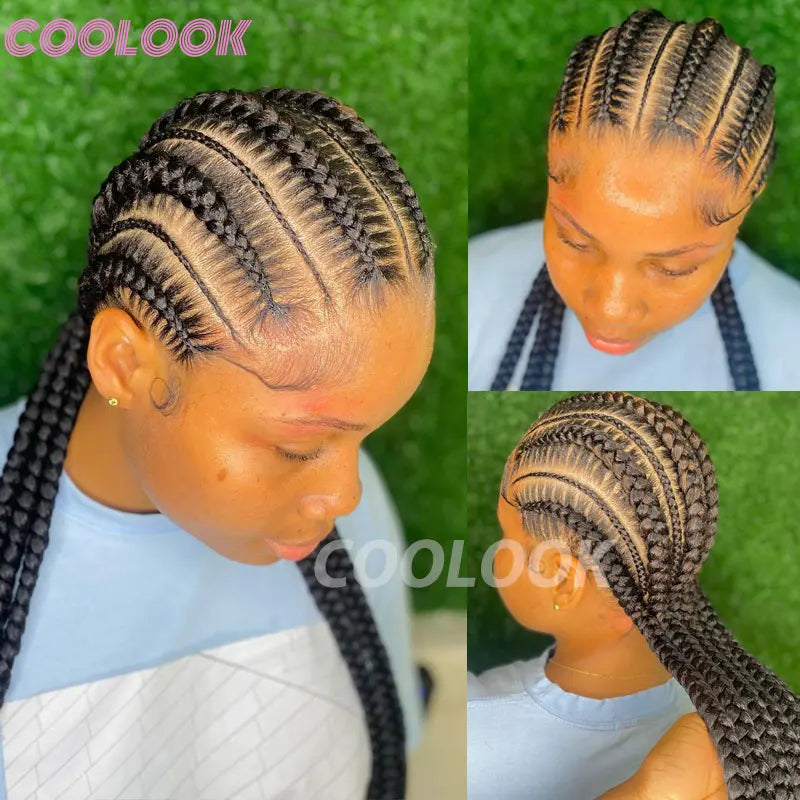 36" Synthetic Lace Front Wigs Jumbo Braided Wigs Full Lace Front Dutch Twins Cornrows Braids Wig For Black Women Crochet Hair