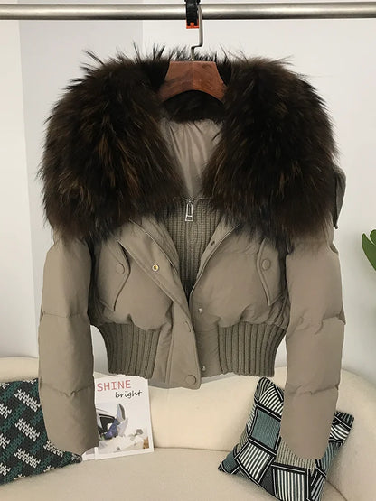 Sexy Natural Real Raccoon Fur Collar warm thick winter women white duck down short luxury coat