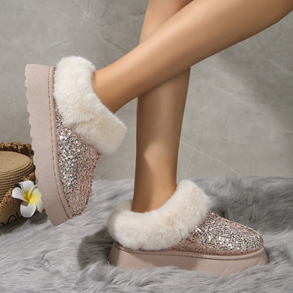 New 2024 Fashion Sequined Cloth Warm Snow Boots Woman Non-Slip Thicken Plush Ankle Booties Faux Fur Winter Boots Women