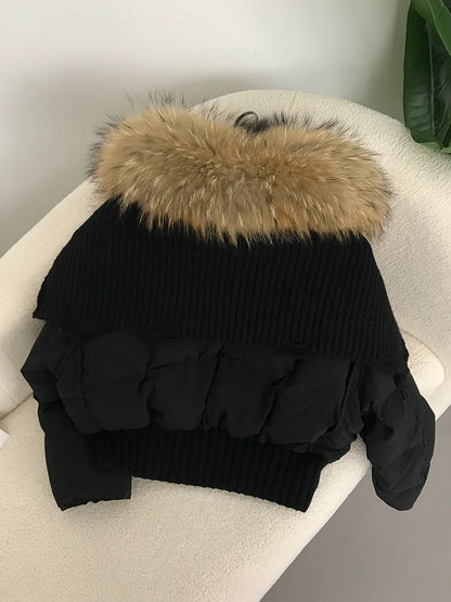 Sexy Natural Real Raccoon Fur Collar warm thick winter women white duck down short luxury coat