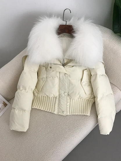 Sexy Natural Real Raccoon Fur Collar warm thick winter women white duck down short luxury coat