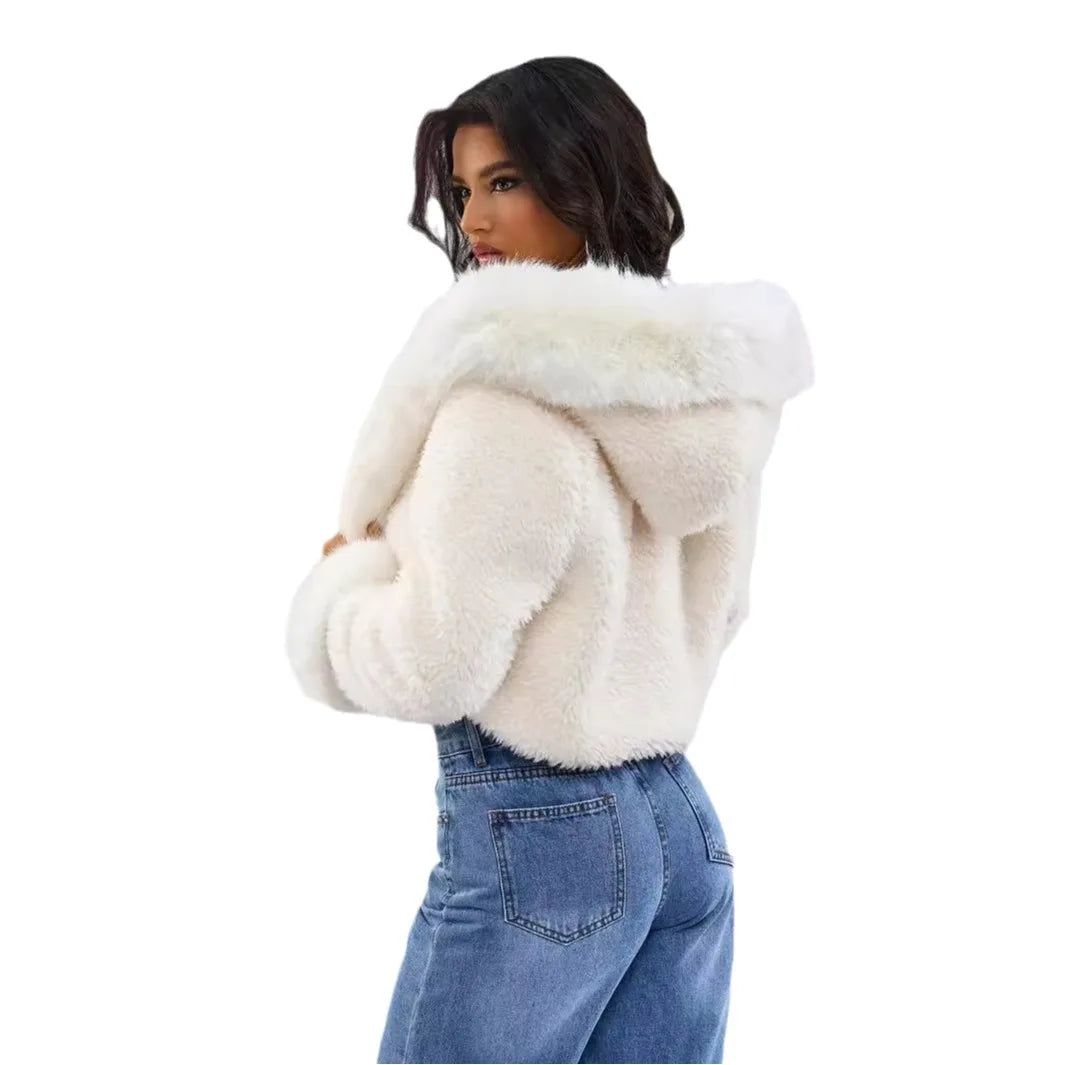 Furry Cropped Faux Fur Coats Winter Women Short Fluffy Fur Jacket Fashion Y2K Hooded Jackets Long Sleeve Thick Warm Fur Overcoat