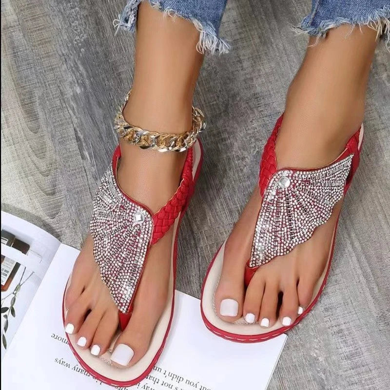 Summer 2024 Sandals Woman Fashion Comfortable Clip Toe Slippers Beach Bohemian Slides Women Flats Sandals Crystal Roman Shoes