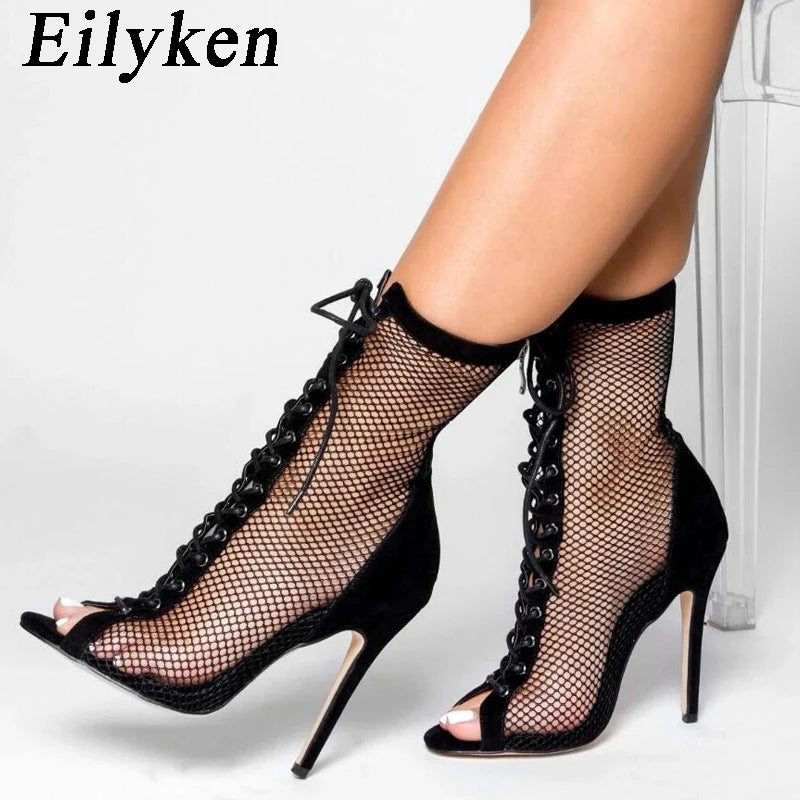 Eilyken Fashion Design Mesh High Heel Women Boots Sandals Sexy Peep Toe T-tied Stripper Pole Dancing Stiletto Shoes