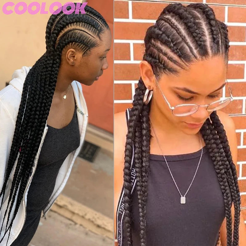 36" Synthetic Lace Front Wigs Jumbo Braided Wigs Full Lace Front Dutch Twins Cornrows Braids Wig For Black Women Crochet Hair