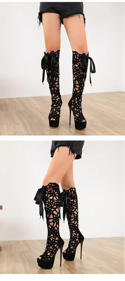 Sexy Flock Hollow 16Cm Thin High Heels Cool Boots Womens Club Party Shoes Summer Peep Toe Knee-high Rear Zipper Modern Sandals