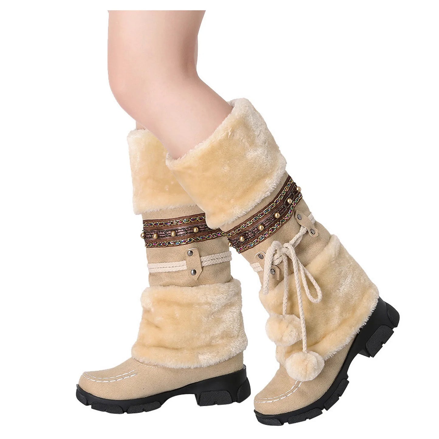 Winter Warm Thickened Fur Knee High Boots Fashion Warm Women Shoes Round Toe Low Heels Patchwork Vintage Botas Ladies Footwear