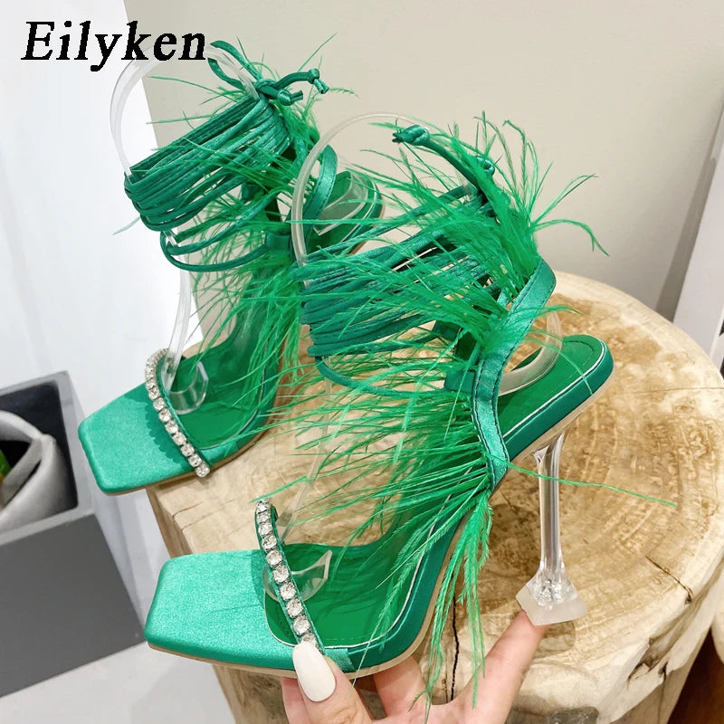 Eilyken CRYSTAL Rhinestone Butterfly-knot Transparent Square Toe Women Sandals 2024 Summer Fashion Cross-tied  High Heels Shoes