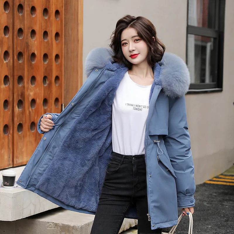 Women Parka Fashion Long Coat Wool Liner Hooded Parkas