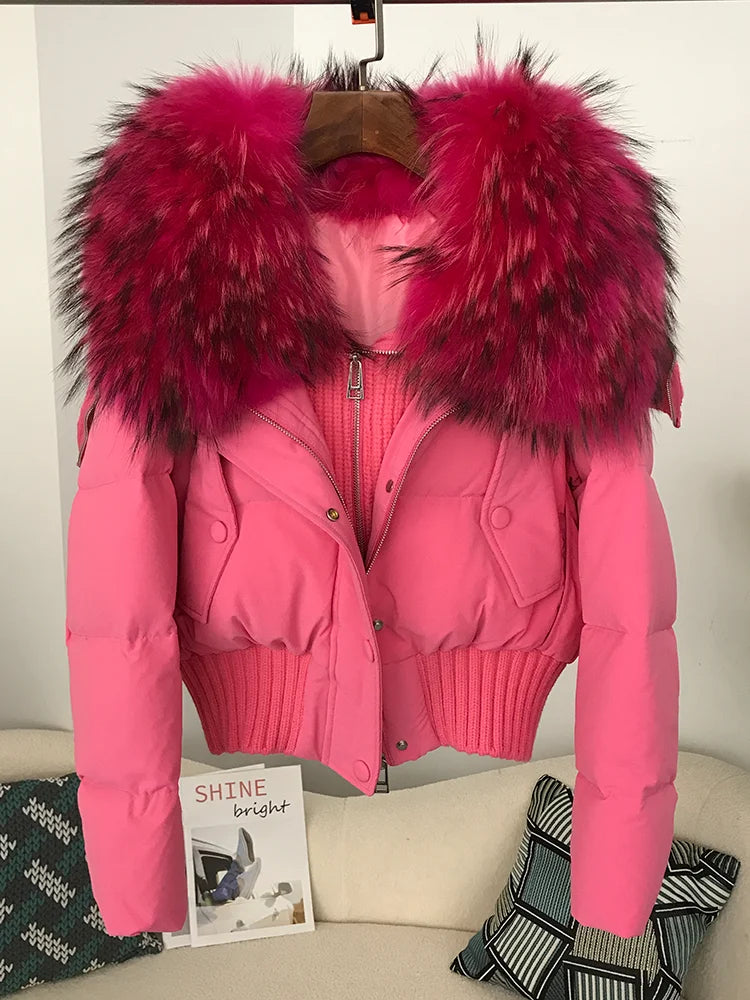 Sexy Natural Real Raccoon Fur Collar warm thick winter women white duck down short luxury coat