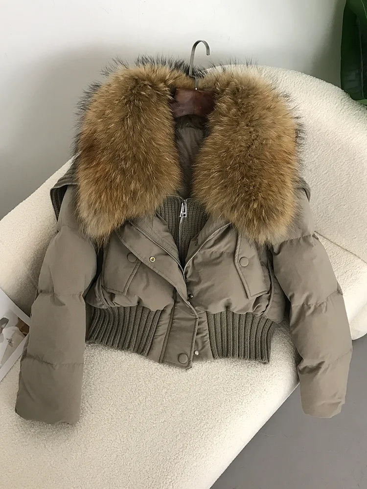 Sexy Natural Real Raccoon Fur Collar warm thick winter women white duck down short luxury coat