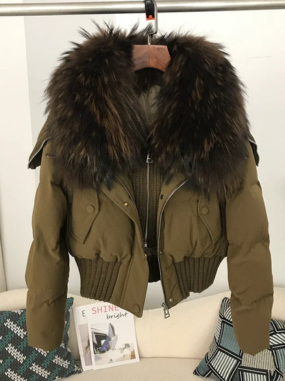 Sexy Natural Real Raccoon Fur Collar warm thick winter women white duck down short luxury coat