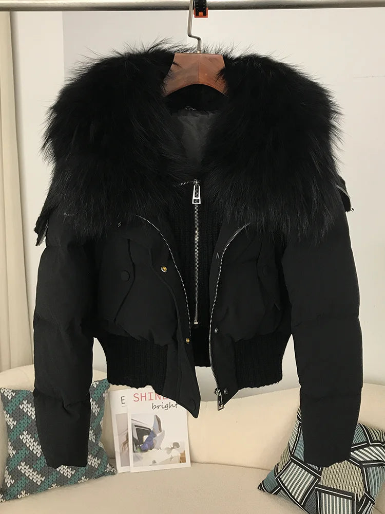 Sexy Natural Real Raccoon Fur Collar warm thick winter women white duck down short luxury coat