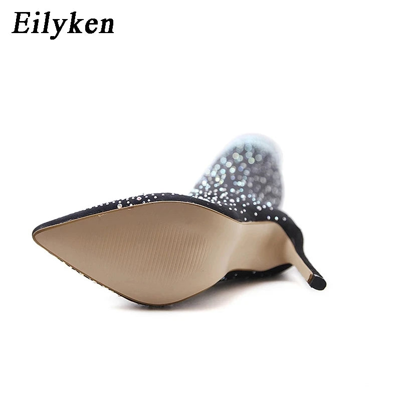 Eilyken Design Crystal Rhinestone Stretch Fabric Sexy High Heels Sock Over-the-Knee Boots Pointed Toe Pole Dancing Women Shoes