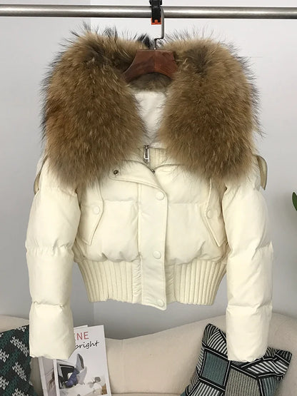 Sexy Natural Real Raccoon Fur Collar warm thick winter women white duck down short luxury coat