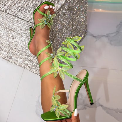 Luxury Ladies Rhinestone Butterfly Ankle Strap Snake Green Pink Blue Birthday High Heel Sandals Women Party Wedding Shoes