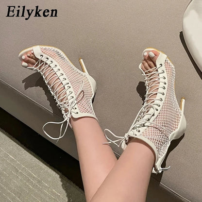 Eilyken Fashion Design Mesh High Heel Women Boots Sandals Sexy Peep Toe T-tied Stripper Pole Dancing Stiletto Shoes