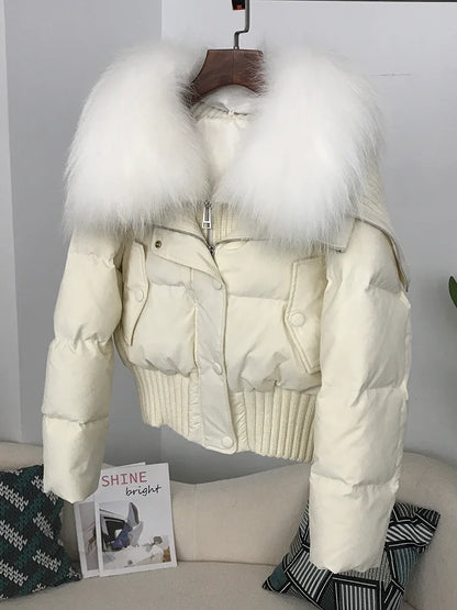 Sexy Natural Real Raccoon Fur Collar warm thick winter women white duck down short luxury coat