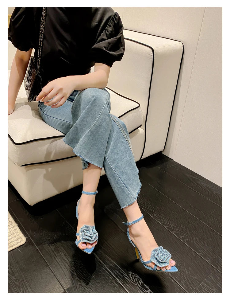 Fashion Denim Buckle Strap High Heels Women's Sexy Pointed Open Toe Crystal Flower Slim Heel Sandals Party Dress