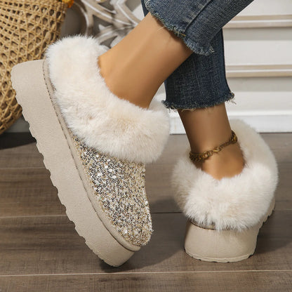 New 2024 Fashion Sequined Cloth Warm Snow Boots Woman Non-Slip Thicken Plush Ankle Booties Faux Fur Winter Boots Women