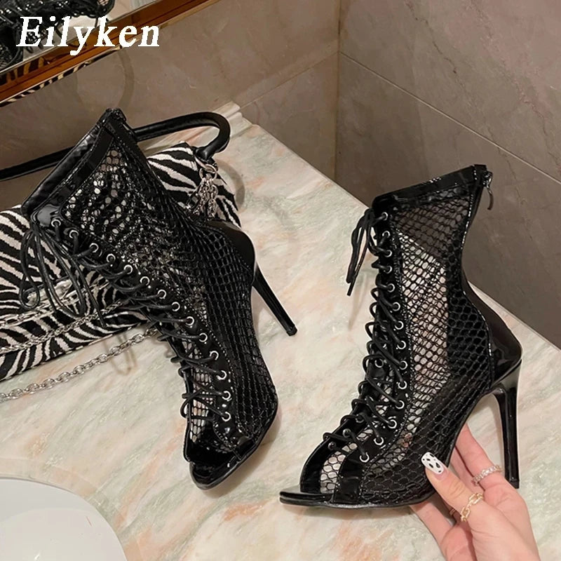 Eilyken Fashion Design Mesh High Heel Women Boots Sandals Sexy Peep Toe T-tied Stripper Pole Dancing Stiletto Shoes