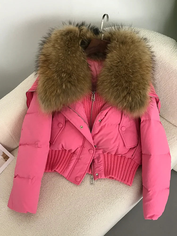 Sexy Natural Real Raccoon Fur Collar warm thick winter women white duck down short luxury coat