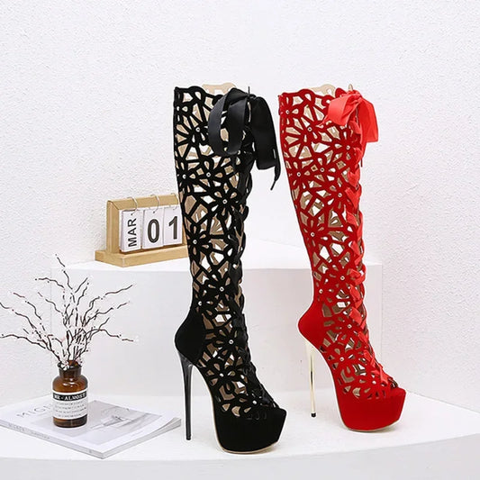 Sexy Flock Hollow 16Cm Thin High Heels Cool Boots Womens Club Party Shoes Summer Peep Toe Knee-high Rear Zipper Modern Sandals