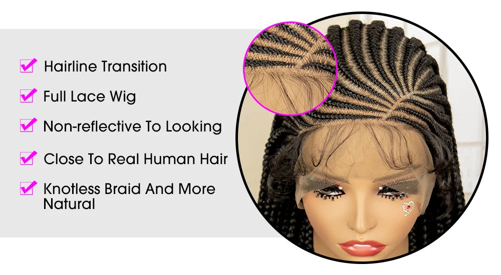 Synthetic Knotless Box Braided Wig Full Lace Cornrow Braids Wig for Black Women with Baby Hair 36 Inches Long Twist Braiding Wig