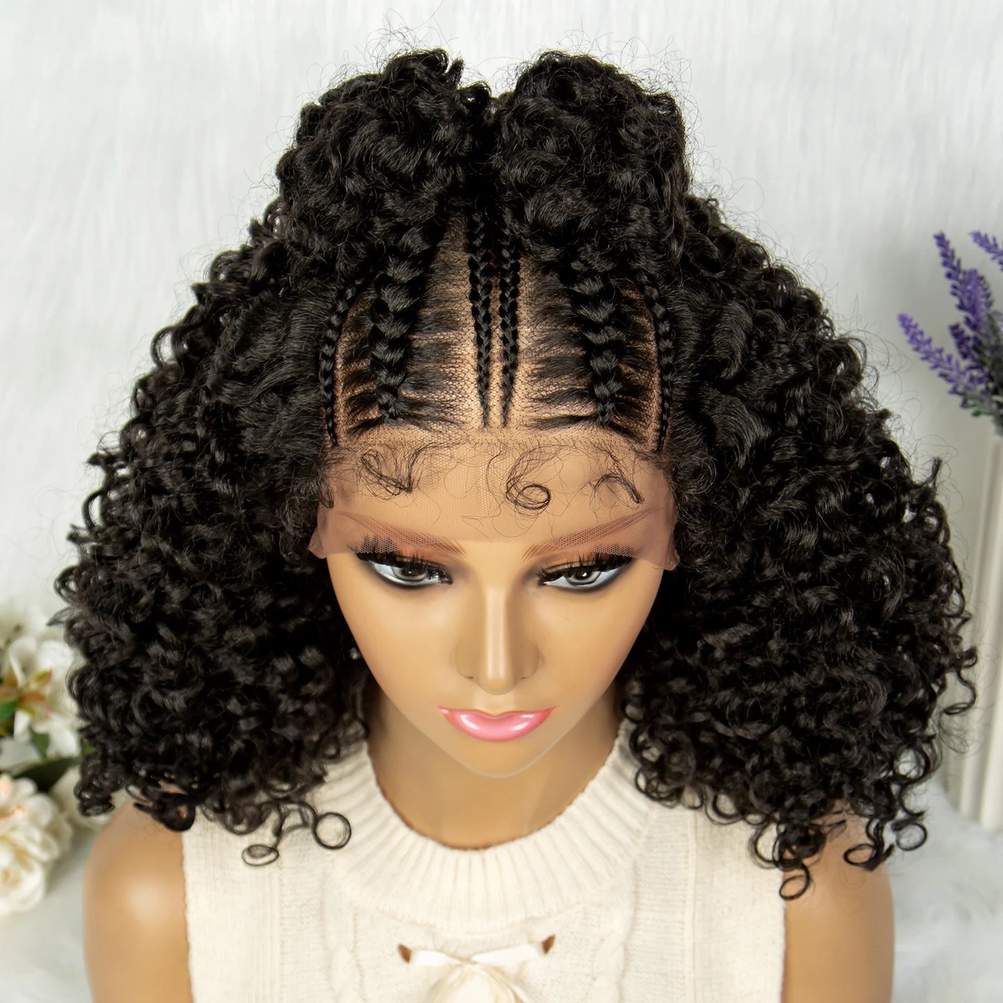 Kima Frontal Cornrow Twisted 16 inches Curly Bob 13*4 Synthetic Lace Front Wig Top Knot Braided Ribbon Bun Braided Wigs